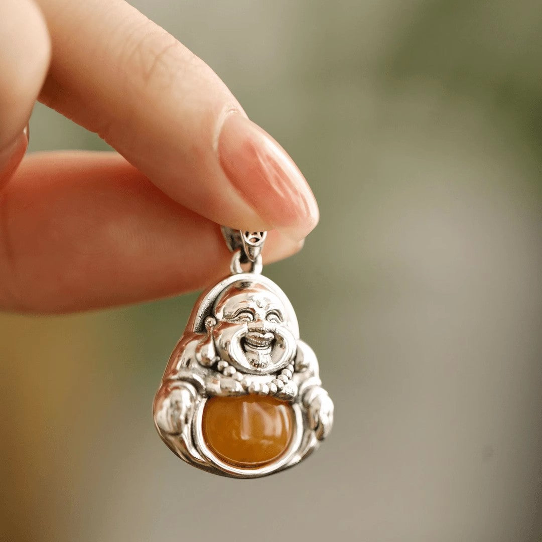 Blood Amber Ancient Coin Maitreya Buddha Pendant