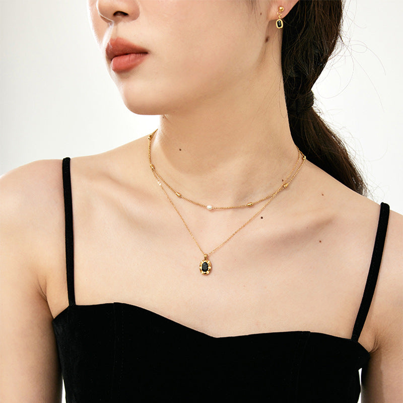 Cool-style 18K Gold-plated Niche Luxury Pearl And Rice-bead Choker Necklace